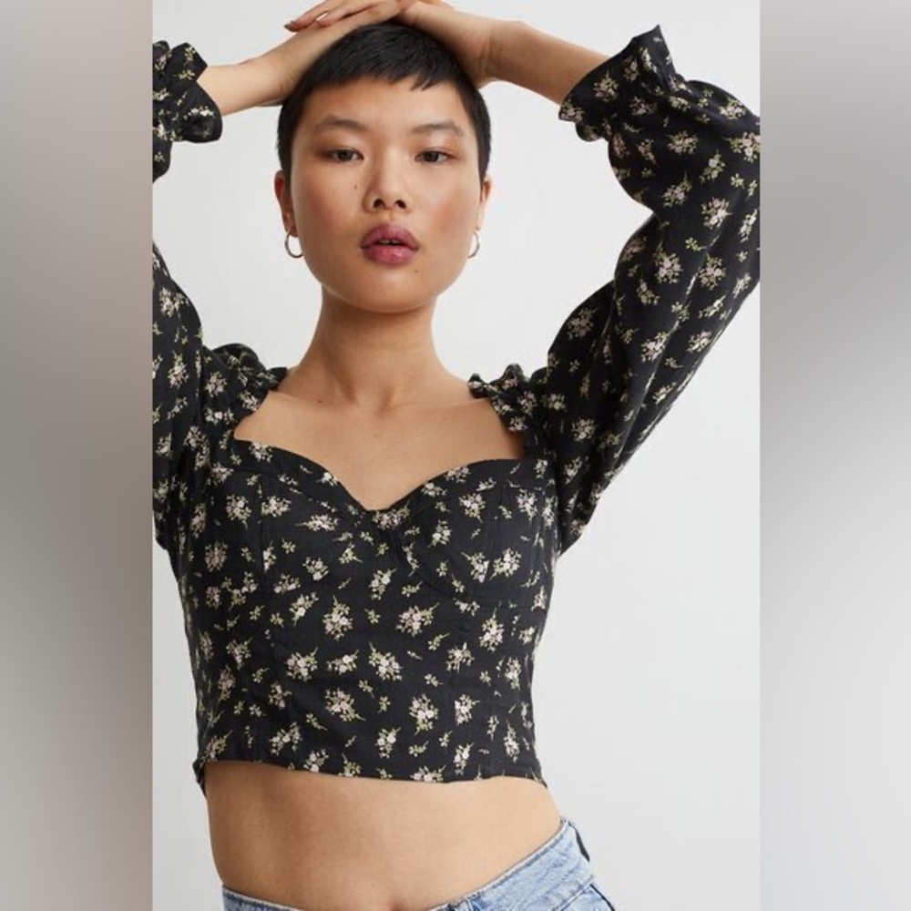 H&M | Floral Corset Top Size Large Brand New Black - Picture 2 of 8
